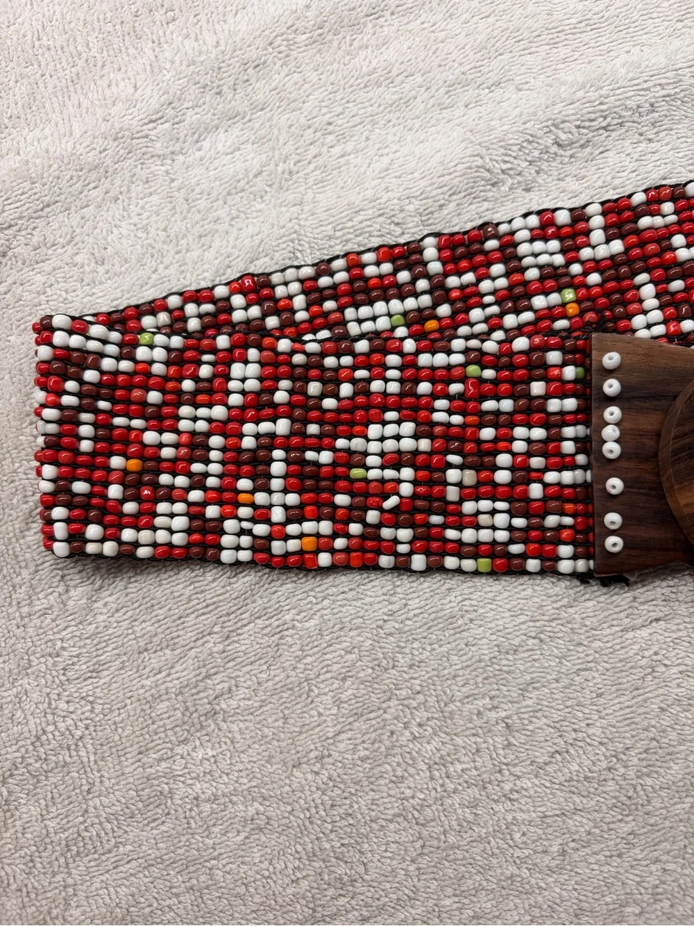 Beaded Red Multi-Color Wide Waist Belt with Wooden Buckle